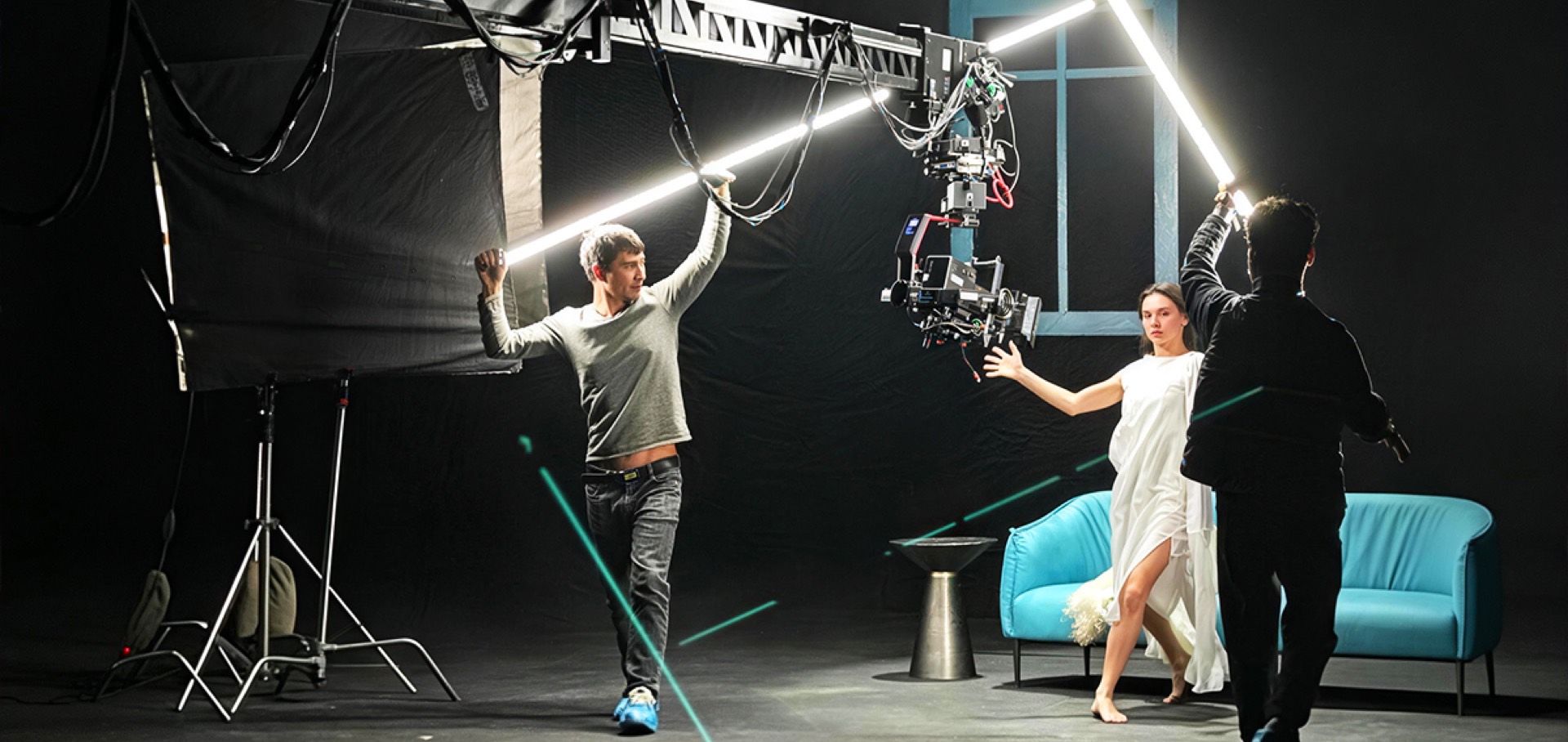 Tube Lux M pixel tubes rigged above a narrative film set