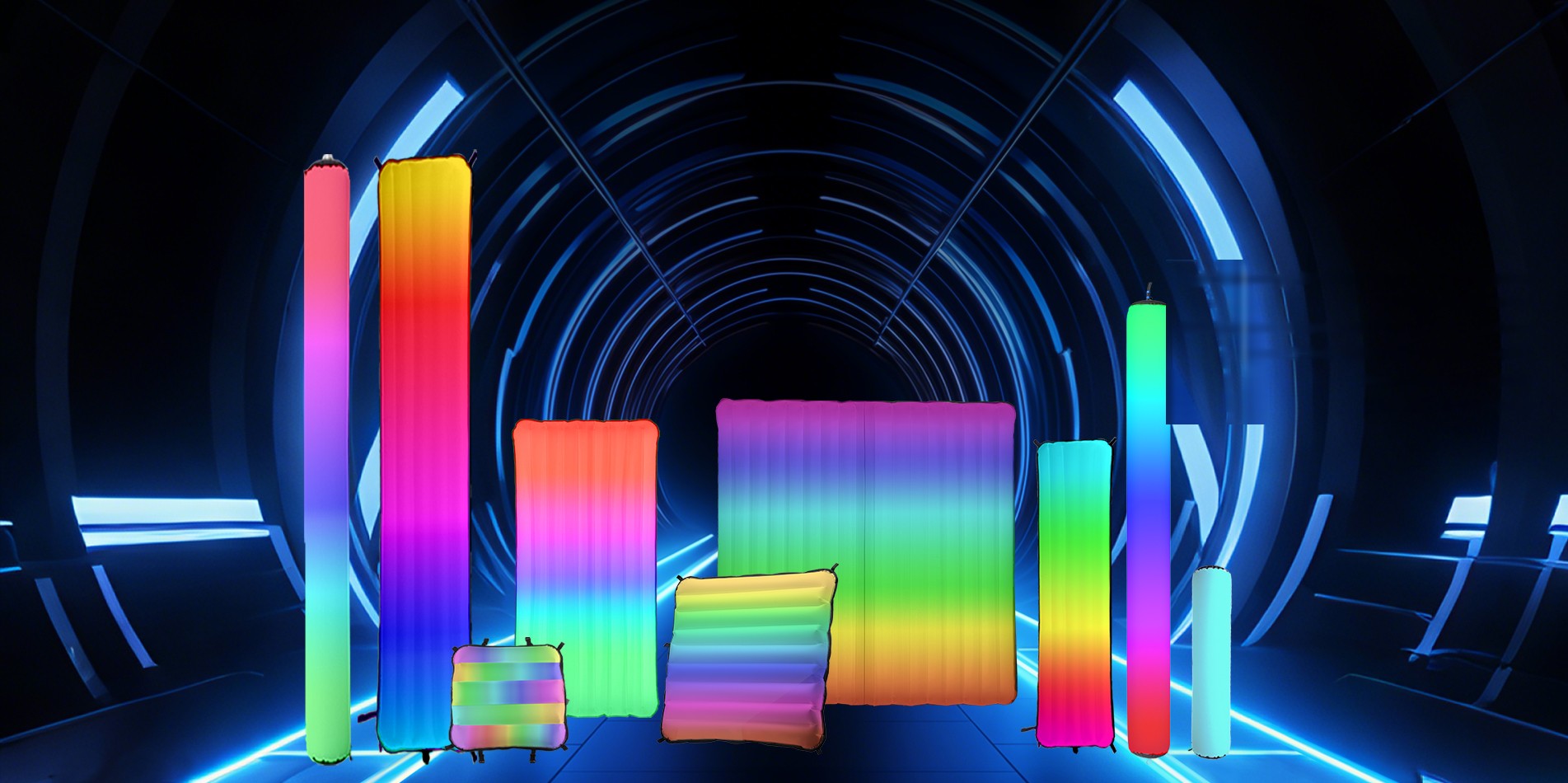 The Air Lux MAX family of inflatable LED tubes and panels glowing in a dark tunnel
