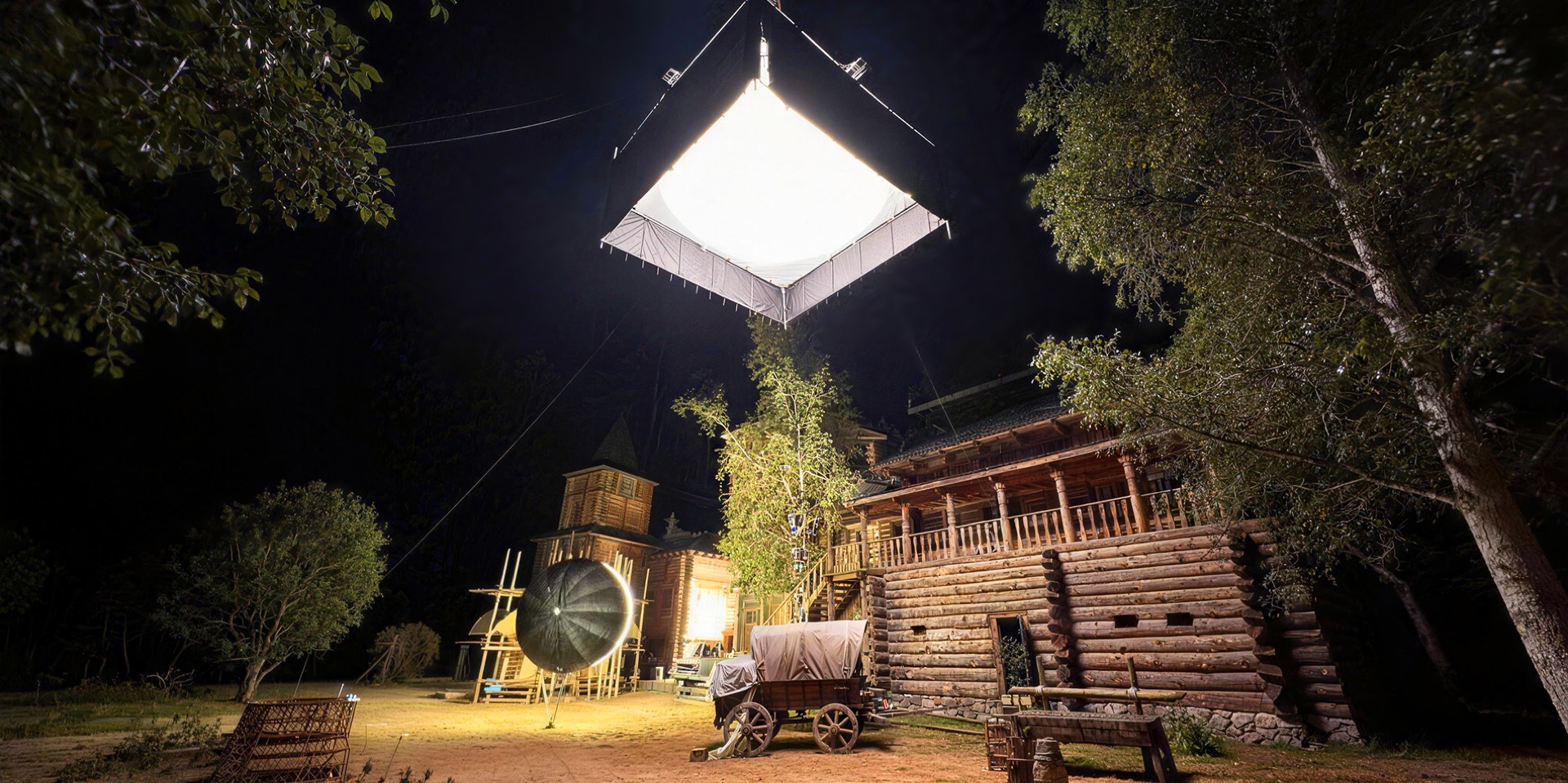 Sky Lux F350C space light flying over a night set
